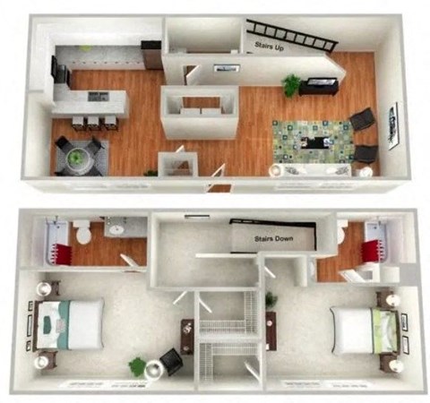 two images of a 1 bedroom floor plan with roommates